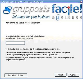 Schermata iniziale, il Codice Installazione viene fornito dall'assistenza Grupposis