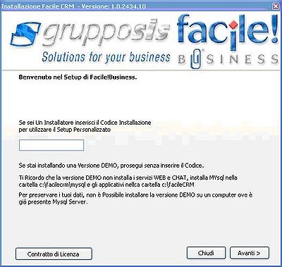 Schermata iniziale, il Codice Installazione viene fornito dall'assistenza Grupposis