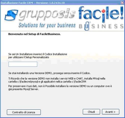 Schermata iniziale, il Codice Installazione viene fornito dall'assistenza Grupposis